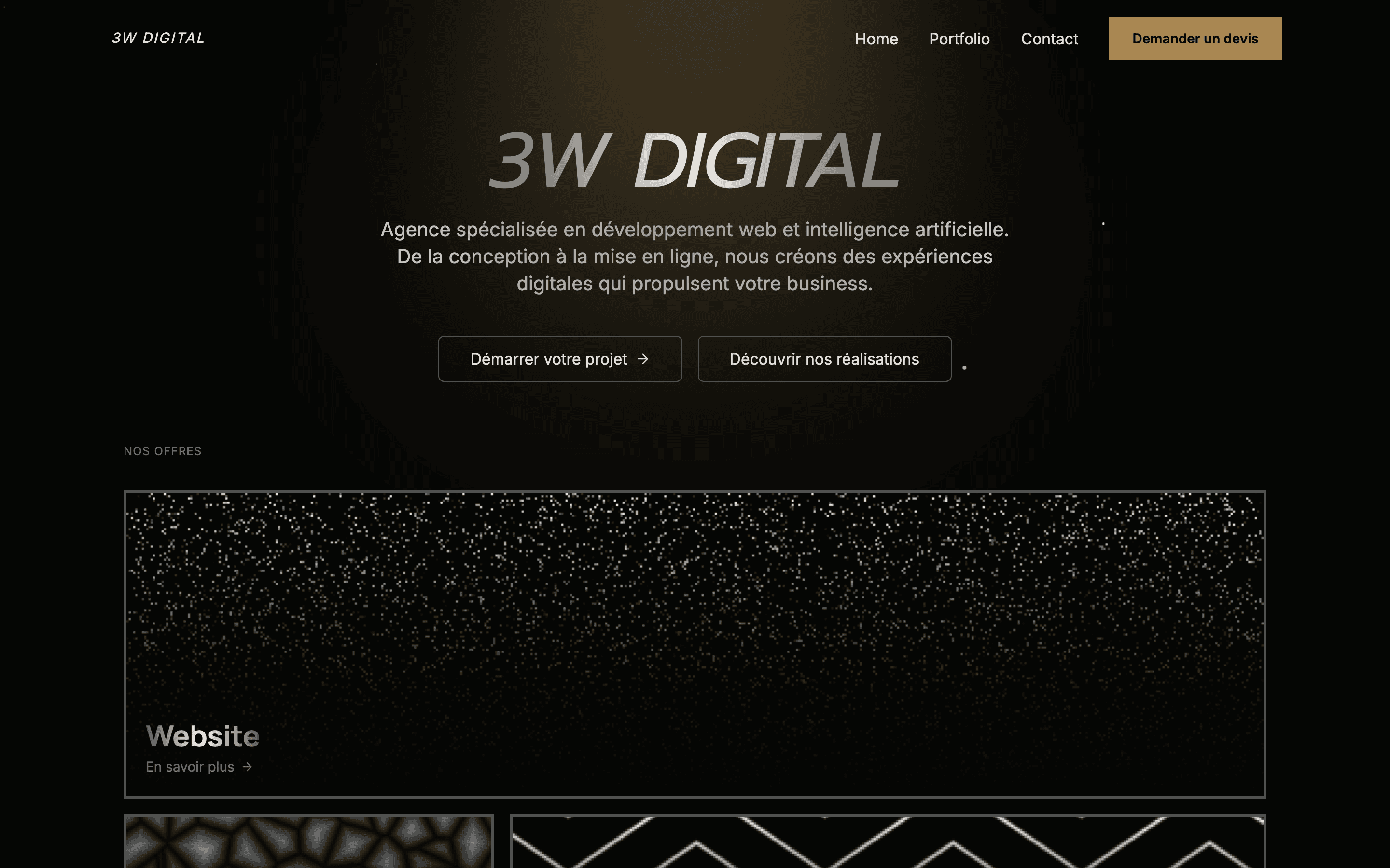 Hero desktop du site 3W Digital avec le positionnement d'agence web et IA.