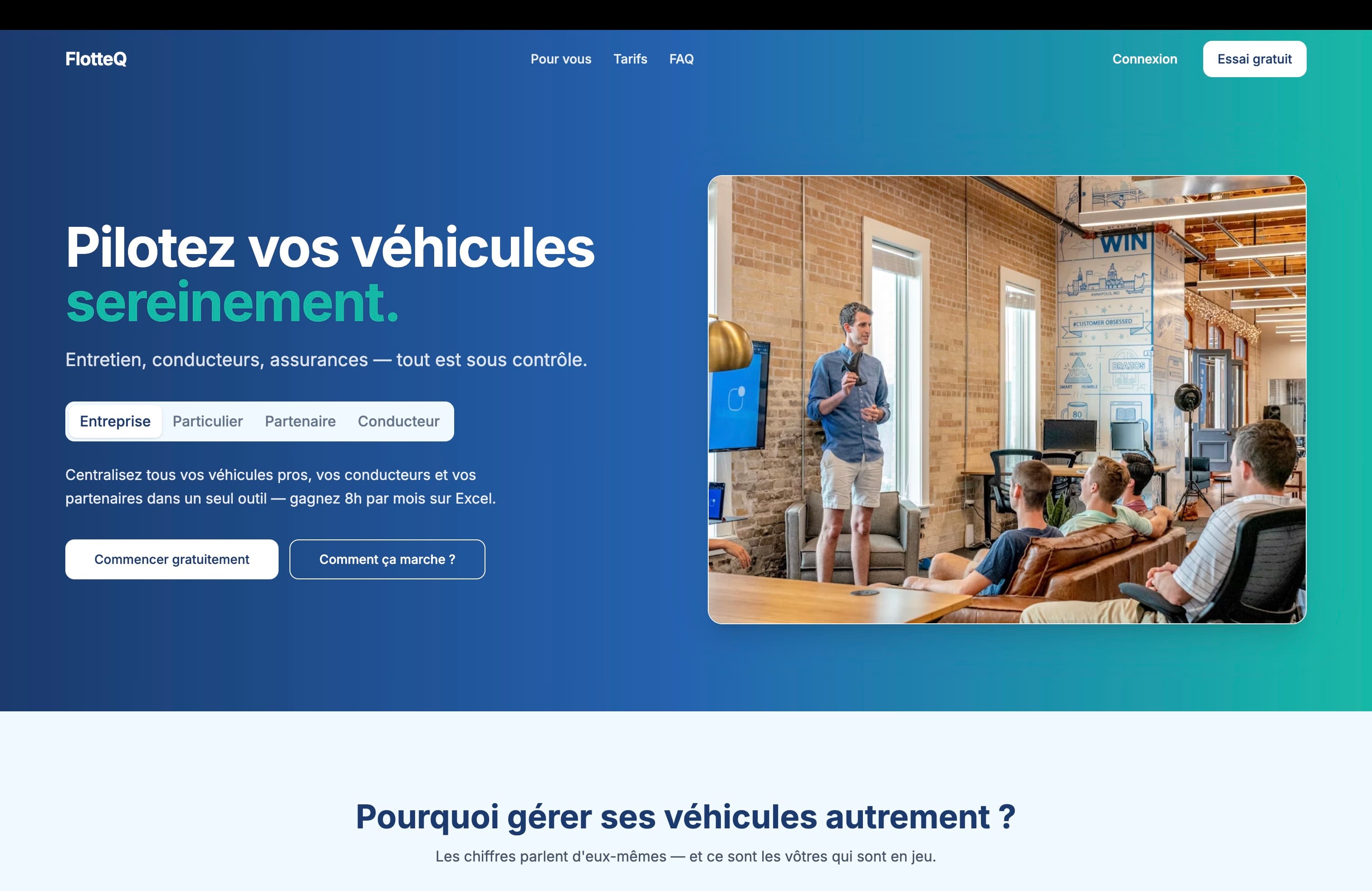 Hero FlotteQ présentant la gestion de flotte, le bloc de présentation et les appels à l'action principaux.
