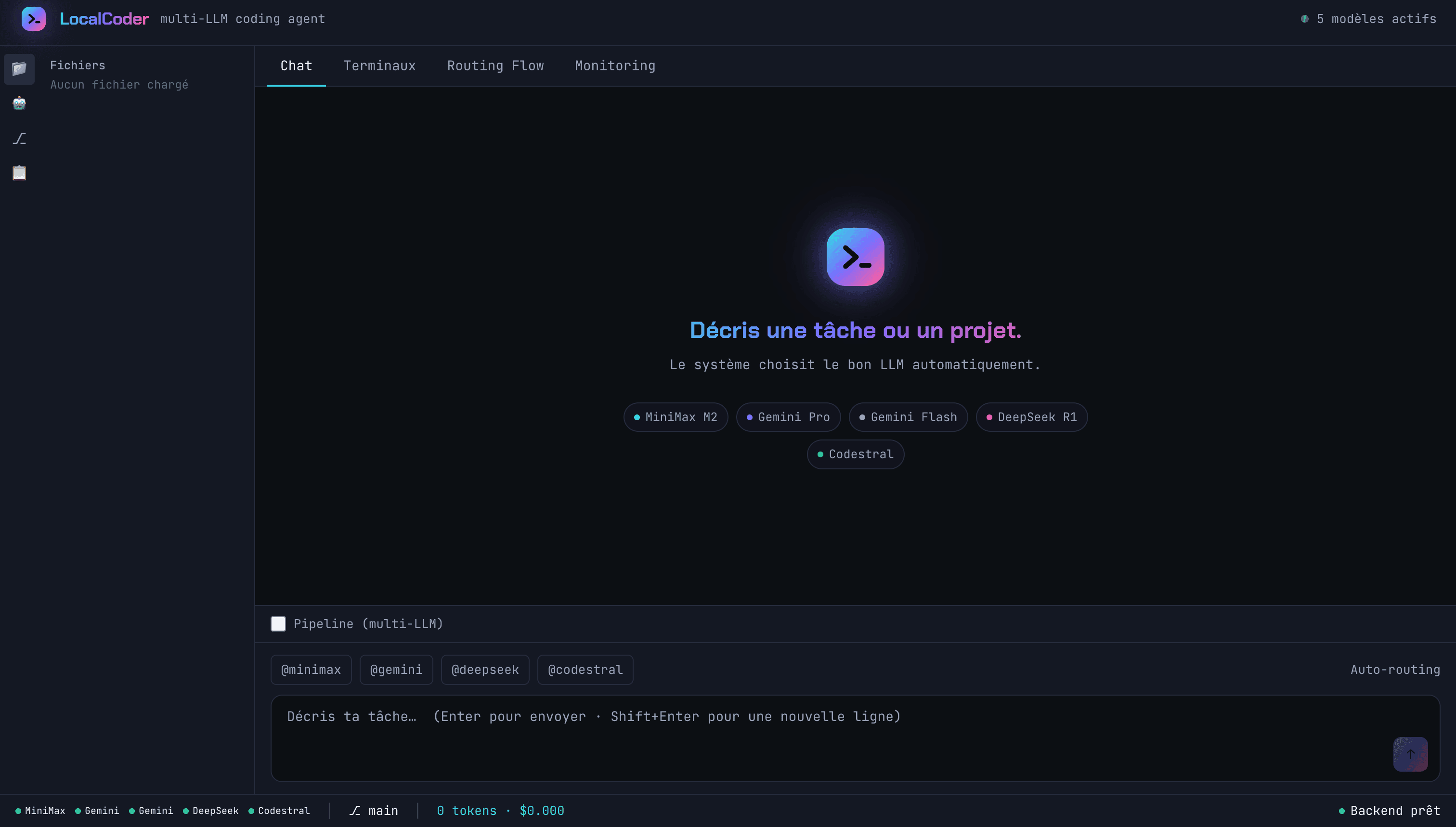Interface LocalCoder affichant le chat, les terminaux, le routing flow et le monitoring d'un agent multi-LLM.