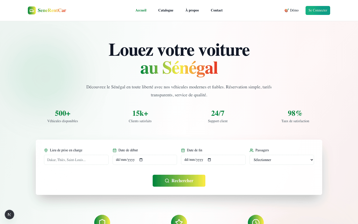 Page d'accueil SeneRentCar présentant la recherche de véhicules et les offres de location.